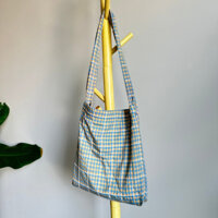 Túi tote vải canvas họa tiết sọc caro xanh vàng kẻ nhung / túi xách đeo vai đơn giản
