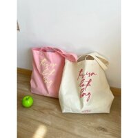 Túi tote vải canvas tone Hồng Trắng, họa tiết chữ thêu, phụ kiện thời trang vintag xinh xắn, có sẵn Đà Nẵng.