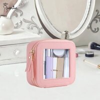 Túi trang điểm nhỏ Mini có dây kéo vàng cho xe hơi Túi đựng mỹ phẩm trong suốt màu hồng