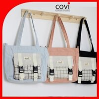 Túi Vải Đeo Chéo Vải Canvas Hàn Quốc Phối 2 Khoen Cài Trước Thương Hiệu COVI Màu Đen Xanh Hồng T12