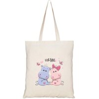 Túi vải tote canvas HTFashion in hình two cute hippos on hearts HT529