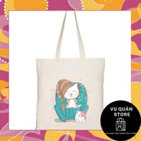 Túi vải tote canvas in hình cute cat seamless pattern illustration card [Vu Quân Store]