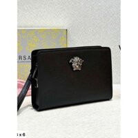 Túi Ví Clutch Nam Nữ cầm tay Versace Đen logo mặt Medusa bạc check khóa LA Fullbox phụ kiện