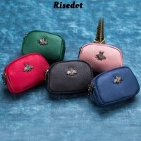 Túi Ví Nữ RISEDOT, Son Môi Da Da Bò Bee Card Hoder, Màu Trơn Đôi Dây Kéo Tai Nghe Mini Nhỏ Ví Đựng Tiền Xu