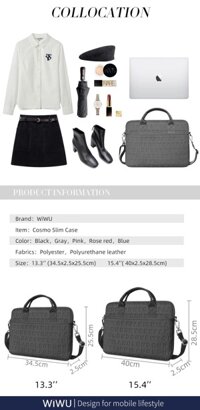 Túi Wiwu Campus Slim Case 2in1 Dành Cho Laptop, Ultrabook Kèm Theo Túi Phụ Rời Và Bàn Di Chuột - Hàng Chính Hãng - 15.4inch - Xám