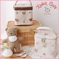 Túi xách bỉm sữa mini chất liệu vải Organic xuất Hàn cho mẹ và bé, túi giữ nhiệt thêu gấu (giữ ấm/giữ lạnh)