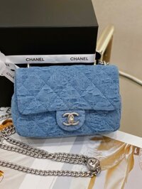 Túi Xách Chanel Flap Vải Casvan Nữ Like Auth Màu Xanh 19cm
