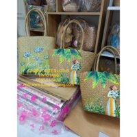 Túi Xách Cỏ Bàng Vẽ Hoa Mĩ Nghệ Đẹp Lạ, Cao Cấp, Túi Cói Vintage Thời Trang, Giỏ Xách Đựng Laptop đi Làm-TXBVHMNLTK06-01