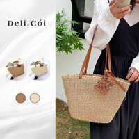 Túi Xách Cói Nữ Size Lớn Thiết Kế Hiện Đại Thanh Lịch Nhã Nhặn Kèm Phụ Kiện Móc Túi
