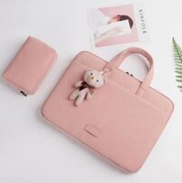Túi xách da chống sốc cho máy tính, macbook, laptop màu hồng cute - Tặng kèm gấu bông và ví đựng phụ kiện - HỒNG - 15 INCH