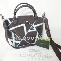 Túi xách đeo chéo LONGCHAMP xuất Âu xịn dập logo limited edition lập thể nâu viền xanh độc lạ phiên bản giới hạn