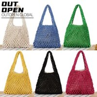 Túi xách dệt kim OUTOPEN, rỗng với túi dây rút vải Túi lưới dệt bãi biển, Túi tote Mini móc Hàn Quốc dành cho nữ bé gái