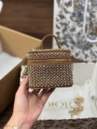 Túi Xách Dior Vanity Siêu Cấp Màu Nâu Hoạ Tiết Đính Cườm 11x10x7cm