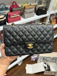 Túi Xách Hàng Hiệu Chanel Classic Da Hạt Màu Đen Khoá Vàng 25cm