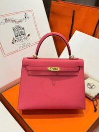 Túi Xách Hàng Hiệu Hermes Kelly Nữ Màu Hồng Đậm Khoá Vàng 25cm