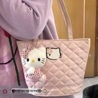 Túi xách Hello Kitty Pearlescent dễ thương Túi đeo vai PU sáng bóng Dung tích lớn Túi xô Túi xách