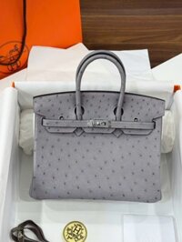 Túi Xách Hermes Birkin Chế Tác Cận Auth Da Đà Điểu Màu Xám 25cm