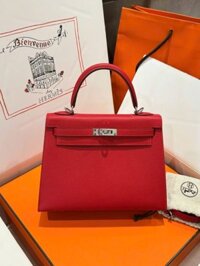Túi Xách Hermes Kelly Like Auth Nữ Màu Đỏ Khoá Trắng 25cm