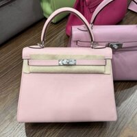 Túi Xách Hermes Kelly Nữ Màu Hồng Nhạt Khoá Bạc Siêu Cấp Size 25cm