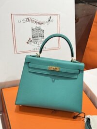 Túi Xách Like Auth Hermes Kelly Nữ Màu Xanh Khoá Vàng 25cm