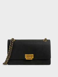 Túi Xách Nữ Charles & Keith Metallic Accent Front Flap Black Bag
