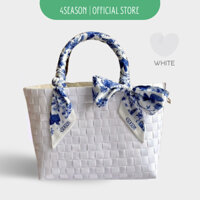 Túi xách nữ đan handmade quai cói màu trắng khăn chim xanh phong cách tối giản Minimalism size M L