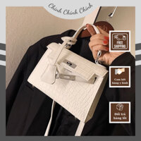 Túi xách nữ đeo chéo dáng HM da vân khóa kim loại bạc tiểu thư sang chảnh