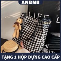 túi xách nữ 💖FREESHIP💖 túi xách nữ  màu đen kẻ trắng chéo  lớn túi tote nhãn hiệu ANB7771B