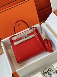 Túi Xách Nữ Hermes Kelly Da Epsom Like Auth Màu Đỏ Khóa Bạc 25cm