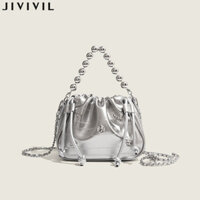 Túi xách nữ JIVIVIL Dây rút xếp li màu bạc Túi xách đám mây chuỗi kim cương mới