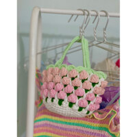 Túi xách nữ len màu pastel hoạ tiết hoa tulip