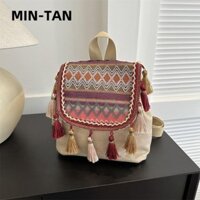 Túi xách nữ MIN-TAN, Ba lô tua rua phong cách dân tộc, Gói du lịch vải dung tích lớn