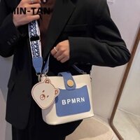 Túi xách nữ MIN-TAN, Túi đeo chéo di động gấu, Túi xô sọc rộng chữ dung tích lớn