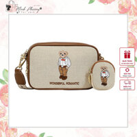 Túi xách nữ, túi đeo chéo vải đan thêu hình gấu kèm túi nhỏ A539