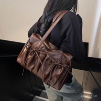 Túi xách nữ vintage niche 2025, túi tote xếp ly thời trang Hàn Quốc mới, có nơ, túi xách vai lớn, túi đeo chéo