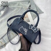 Túi xách ONXTHIN, Túi đeo vai Hello Kitty Denim, Túi đeo chéo thêu hình trụ di động đa năng