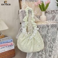 Túi xách ren tươi ISKYBO, Túi đeo vai xếp ly hoa phong cách mục vụ, Túi đựng bánh bao vải ngọt ngào Nơ thanh lịch Du lịch
