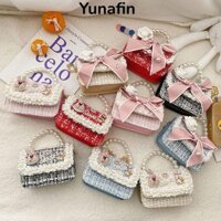 Túi xách trẻ em YUNAFIN, Túi đeo chéo xích Mini có tay cầm thắt nơ, Túi ly hợp vuông Ví đựng tiền xu Túi đeo vai công chúa