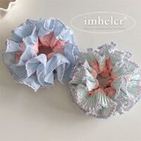 Tươi Hoa Anh Đào Hồng Xanh Kẻ Sọc Plump Ren Xếp Ly Scrunchy Tóc Mùa Xuân Ngọt Ngào Cô Gái Đuôi Ngựa Đầu Phong Cách Mới