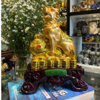 Tượng Chó Săn Vàng Trên Gậy Như Ý Trưng Bày Bột Đá Mạ Vàng Non Cao Cấp, Tượng Chó Phong Thủy C021A