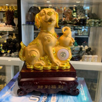 Tượng Chó (Tuất) Ôm Hồ Lô Bột Đá Mạ Kim Sa Trưng Bày Trang Trí, Chó Ôm Hồ Lô Phong Thủy C022A
