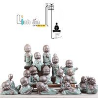 TƯỢNG CHÚ TIỂU MINI - Bộ tượng 4 chú tiểu Nằm Ngủ - Ngồi Thiền CAO CẤP , Chú Tiểu Trang Trí Ô Tô Để Bàn Mini Gốm Sứ Xanh