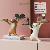 Tượng Composite Mèo Bê Khay Lắc Hông CozyMint 3 Màu lựa chọn trang trí phòng khách, kệ tủ decor quà tặng tân gia