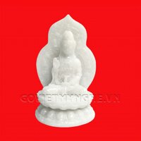 Tượng đá Phật Bà Quan Thế Âm Bồ Tát ngồi đài sen + chữ "Phật" phía sau - Chiều cao 15cm - Màu trắng đá non nước