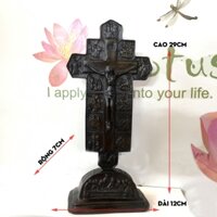 Tượng đá trang trí tượng cây thánh giá hình chúa Jesus với chữ INRI - 14 đàng - Chiều cao 29cm - Màu nâu đen