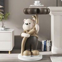 Tượng decor trang trí gấu trắng cầm mâm để đồ 024