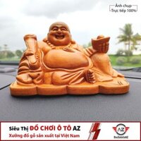 Tượng Di Lạc ngồi cầm vàng gỗ Bách Xanh (Tặng miếng dán đa năng chống trượt trên xe ô tô)