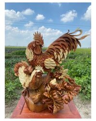 Tượng Gia Đình Gà Hoa Phù Dung Linh Vật Phong Thủy – Gỗ Hương Tuyệt Đẹp – TPTG 04
