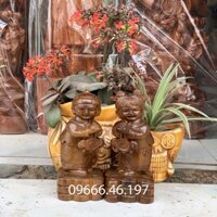 Tượng gỗ cặp tiểu đồng tử cao 15cm và 20cm chất liệu gỗ bách xanh