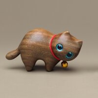 Tượng gỗ : Mèo đeo lục lạc đỏ.Mẫu 2   —Kích thước cao: 3.6cm-ngang: 6.2cm